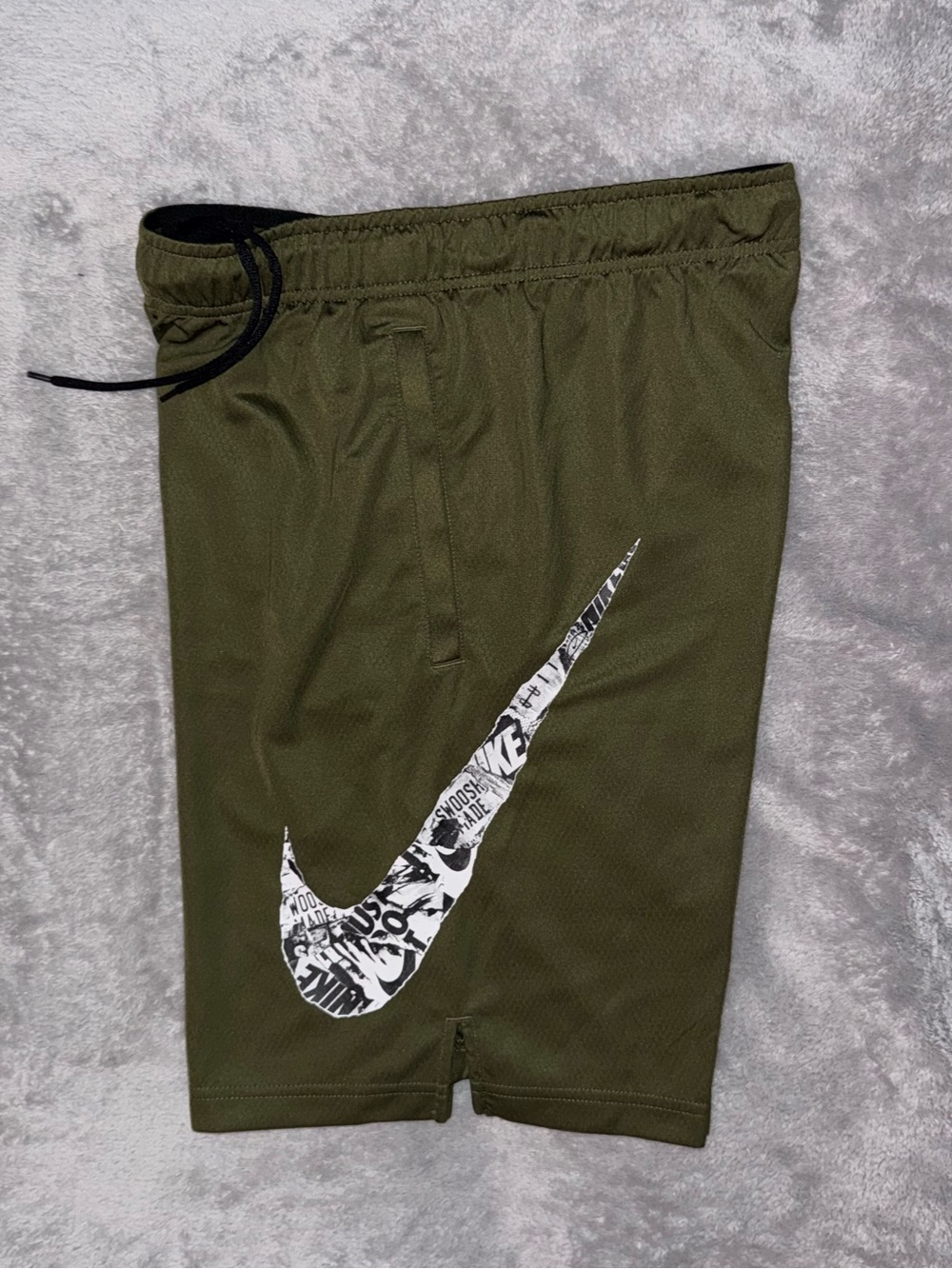 Mens Nike Athletic Shorts with White Graphic Swoosh Olive Green